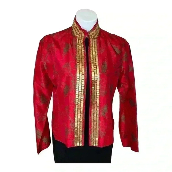 Chico’s cherry red gold beaded  sequin Oberon Lavoie Jacket 100 silk size Medium - Picture 1 of 5